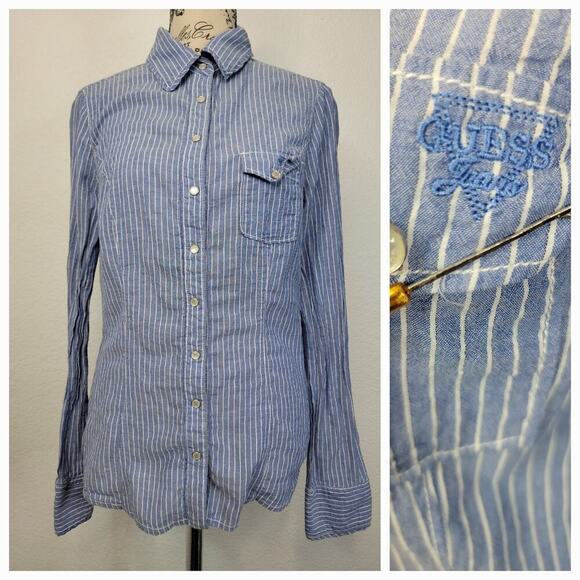Guess Los Angeles Shirt Womens SZ M Blue White Striped Long sleeve Snap Pocket - Picture 1 of 13